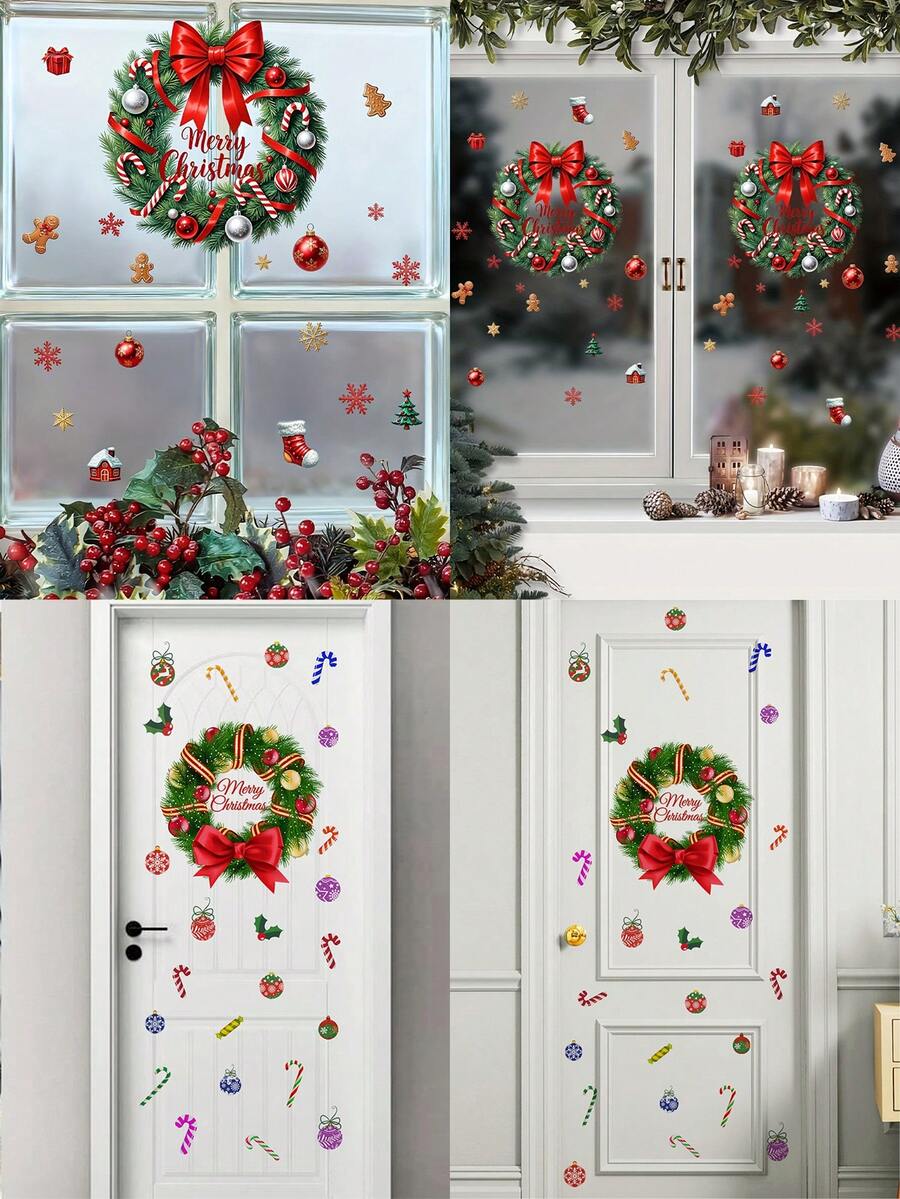 1 pieza Pegatinas navideñas de PVC 3D realistas y removibles con adhesivo doble cara - Corona con bastones de caramelo, hombre de jengibre, lazo rojo - Decoración DIY para puertas, espejos, paneles de vidrio