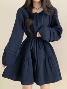2025春秋女士纽扣腰系带长袖短款连衣裙 - 藏蓝色 - 查看 1