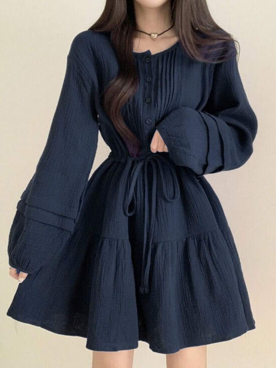 2025春秋女士纽扣腰系带长袖短款连衣裙 - 藏蓝色 - 查看 1