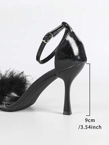 Damen modische elegante schwarze flauschige Fell Dekor Rund Zeh Knöchelriemen High Heel Sandalen, charmante glamouröse funkelnde Party Hochzeit Outdoor Event Pumps, 9CM Absatz - Schwarz - Übersicht 9