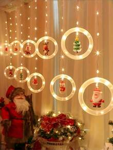 1 pieza Juego de luces LED tipo cortina navideña cálida, incluye patrones de Papá Noel, renos, muñeco de nieve y árbol de Navidad con 3 metros y 112 luces LED, luces de decoración navideña alimentadas por USB, adecuadas para el hogar, dormitorio y decoración festiva, decoración colgante interior