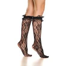 Benefeet Sox Lace Knee High Socks Women Girls Patterned Mesh Fishnet Knee High Stockings Hollow Calf Lolita Sock{"Color_name":"Black-BigLaceRuffleFloral"} - 黑色-大蕾絲荷葉邊碎花 - 查看 7