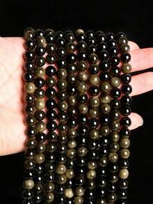 Set de 5 piezas de cuentas de obsidiana plateada natural de alta calidad Grado 5A, accesorios de joyería de moda para mujeres, adecuados para manualidades decorativas, elaboración de joyas DIY como pulseras, collares - Negro (obsidiana dorada) - Ver 2