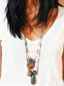 1 Piece Women's Multi-Layer Chain Necklace With Bohemian Alloy Water Drop Floral Gemstone Resin Pendant