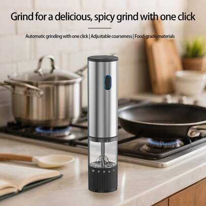 Feizsmile Rechargeable Pepper & Salt Grinder, Automatic Pepper Mill, Spice Grinder, USB Rechargeable, Adjustable Coarseness, One-Handed Operation, Ceramic Grinding, Refillable, Stainless Steel Housing, Suitable For Black Pepper, White Pepper, Sea Salt, Chili Pepper, Sesame, Cumin And Other Spices