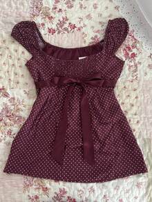 Women Fairy Grunge Y2k Babydoll Shirt Cap Sleeve Micro Polka Dot Tie Back Flowy Babydoll Top Preppy Clothes - 酒紅色 - 查看 4