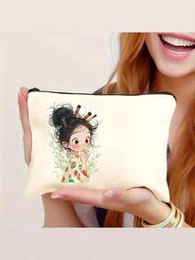 1 pieza Bolsa de maquillaje de lona con un solo lado con elementos de diseño con temática de niña colorida - Duradera y de gran capacidad, adecuada para reuniones, viajes y compras. Presenta un diseño plegable y ligero con cierre de apertura superior y un estilo minimalista, y es lavable a máquina, sin forro y sin diseño de hebilla, perfecto para que las mujeres lo usen - Multicolor - Ver 10