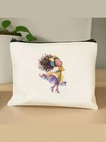 1 pieza Bolsa de maquillaje de lona con un solo lado con elementos de diseño con temática de niña colorida - Duradera y de gran capacidad, adecuada para reuniones, viajes y compras. Presenta un diseño plegable y ligero con cierre de apertura superior y un estilo minimalista, y es lavable a máquina, sin forro y sin diseño de hebilla, perfecto para que las mujeres lo usen - Multicolor - Ver 8