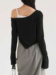 2025春夏不对称设计女式长袖上衣 - 黑色 - 查看 4