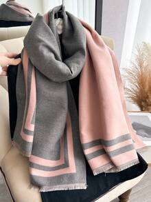 1 Stück Damen umkehrbarer Faux-Kaschmir Farbblock Mode vielseitiger Klimaanlage Schal, dick & warm für den täglichen Gebrauch, Herbst/Winter - rosa grau - Übersicht 4