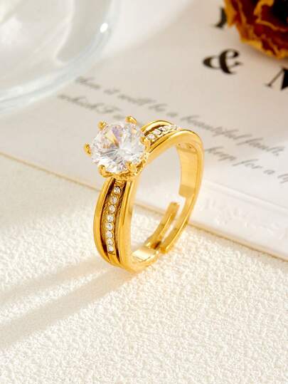 خاتم مفتوح من الفولاذ المقاوم للصدأ المطلي بالذهب عيار 18 قيراط، ثلاثي الطبقات ب- 6 أسنان مرصع بزركونيا بيضاء مجوفة، أنيق وفاخر متعدد الاستخدامات، مناسب للارتداء اليومي للنساء، حفلات الزفاف والمناسبات، هدية للصديقة/الزوجة، للخطوبة