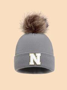 1pc Unisex 26 Letter Decor Faux Fur Pom Pom Knit Beanie Hat, Versatile Warm Windproof Casual Cap, Suitable For Autumn/Winter Outdoor Wear, Great Gift Men Women Clothing Winter