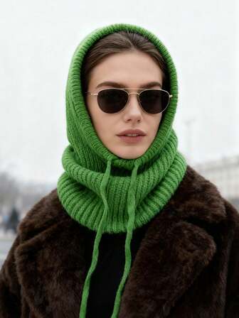 1 pieza Gorro de mujer con cordón y cuello falso tipo pasamontaña, capa con capucha tejida para protección del rostro y cuello para actividades al aire libre en invierno, color y estilo aleatorios enviados (regalo de Navidad)