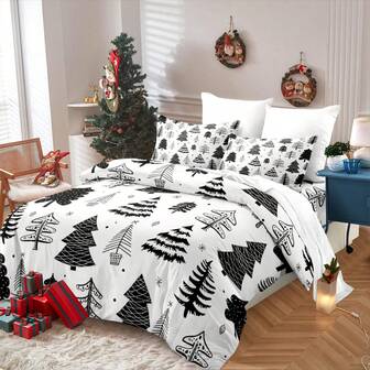 3 件圣诞主题羽绒被套套装，雪花圣诞树印花床上用品套装，柔软舒适透气羽绒被套，适用于卧室、客房（1 * 羽绒被套 + 2 * 枕套，不含芯）
