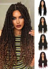 30 英寸女士编织假发，双层全蕾丝无结辫，黑色蝴蝶方形卷发辫子假发，合成蕾丝前编织假发，带婴儿头发，手工编织假发，适合圣诞节、新年、狂欢节和音乐节