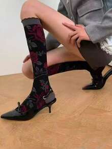 1双玫瑰花图案摩卡色女士过膝袜，秋冬季，法式复古优雅设计，舒适保暖。 - 彩色 - 查看 2