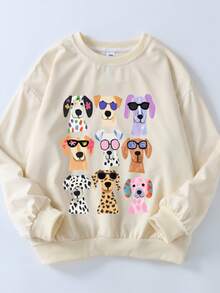 Girls' Cute Dog Graphic Casual Minimalist Long Sleeve Sweatshirt, Fashionable Crew Neck Pullover, Suitable For Autumn/Winter - Apricot - View 2