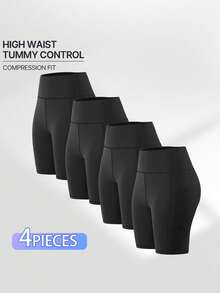 4pcs Women's Outdoor Shorts With Pockets, High Elastic Quick-Dry Breathable Sports Shorts For Running, Workout, Pilates, Yoga, Cycling, Soft And Comfortable Compression Waist Shorts - Black - View 12