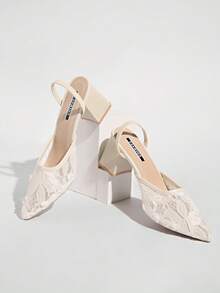 Giày mules cao gót màu trắng kiểu Trung Quốc mới, mũi nhọn, thêu ren, kiểu dáng slip-on dành cho nữ, thanh lịch, thích hợp cho các bữa tiệc, gót dày. - Màu be - Xem 6