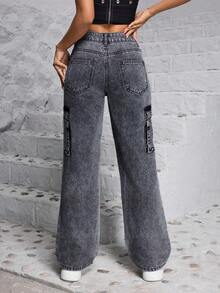 ZYANYA Jeans casuales de pierna ancha y larga para mujer con bolsillos y botones, detalles de cremallera, tejido muy elástico. - Gris - Ver 5