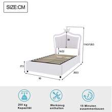 Upholstered Children's Bed 90x200 Cm, Crown Design, With LED Lighting, Hydraulic Storage Bed, Height-Adjustable Headboard, High Single Bed With Slatted Base, Imitation Leather, White - White - View 9