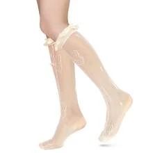 Benefeet Sox Lace Knee High Socks Women Girls Patterned Mesh Fishnet Knee High Stockings Hollow Calf Lolita Sock{"Color_name":"Creamy-SatinRuffleBow"} - 奶油緞荷葉邊蝴蝶結 - 查看 3