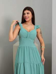 Duna Luxury Midi Dress, Plain, Gathered, With Ruffle On The Sleeve - Mint Green - View 5