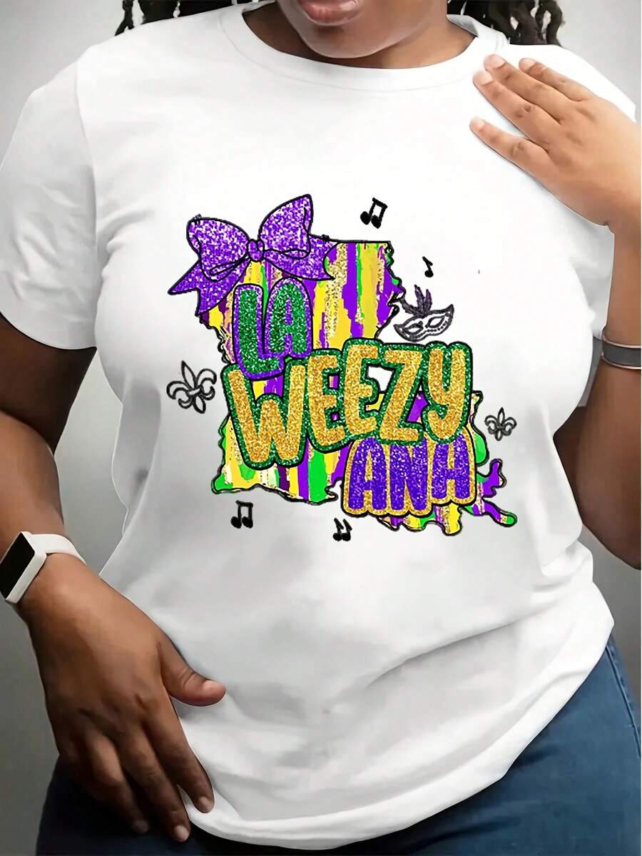 Plus Size Women's  T-Shirt With LA Weezy Ana Mardi Gras Glitter Print - Festive Purple, Green, And Gold Design With Bow And Mask - Perfect For Carnival, Party, And Celebration Events 220g - 白色 - 查看 1