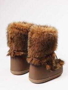 Faux Fur Snow Boots For Women Fuzzy Fluffy Furry Lace Up Mid Calf Boots Winter Warm Fur Boots For Christmas - 棕色2 - 查看 11