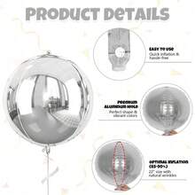 6pcs Large 22 Inch 4D Metallic Silver/Pink/Colorful Aluminum Film Balloons, Large Round Mylar Balloons, Suitable For Weddings, Party Decorations, Anniversaries, Birthday Parties, Disco Party Decorations, Home Decorations - 銀色 - 查看 8