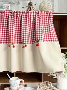 1pc Red Buffalo Check Kitchen Curtain Valances For Windows Farmhouse Half Window Curtains Cherry Pom Poms Short Curtain For Bathroom Small Windows - Multicolor - View 4