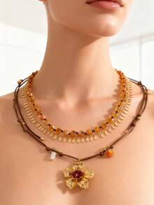 1 Set Vintage Collar Colgante de Flor de 3 Capas de Esmalte, Diseño Elegante y Dulce de Múltiples Capas, Collar Gargantilla Floral de Nicho Retro, Accesorio de Lujo Versátil para Uso Diario, Fiesta y Ocasiones Especiales