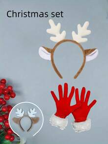 Nuevo estilo 2025: Un par de diademas con cuernos y renos elegantes y lindos, un par de guantes rojos y una diadema con reno y copos de nieve. Conjunto para fiesta de Navidad