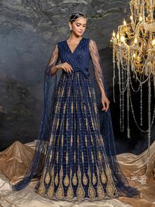 Style ​Luxurious Embroidered Evening Gown With Transparent Tulle Sleeves – Perfect For Gala Dinners, Wedding Receptions, Red-Carpet Events & Charity Galas - Navy Blue - View 4