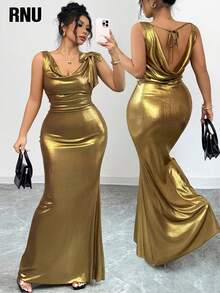 RNU 大码女式性感金属亮片针织高弹力深V领鱼尾连衣裙，系带露背蝴蝶结，适合音乐会、时尚外出、派对聚会和夜间约会。 - 金色 - 查看 1