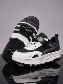 1 Paar Kinder Magic Hook Design 4-Räder Rollschuhe, abnehmbare Dual-Use dicke Sohle Low-Top Mesh süße Sport Rollschuhe, Kindergeschenk - Schwarz und Weiss - Übersicht 12