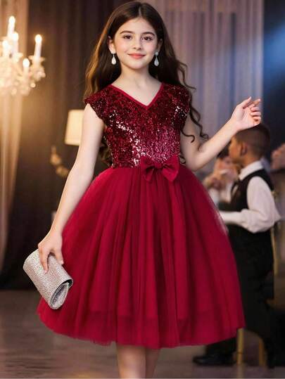 Tween Girl Elegant V-Neck Sequins Ruffle Splice Mesh Wedding Party Bridesmaid Flower Girl Dress