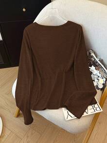 Áo thun dài tay cổ chữ V cỡ lớn dành cho nữ, chất liệu vải dệt kim gân, ấm áp và thoải mái, cúc trang trí bằng kim loại, trang phục thường ngày, mùa xuân/thu. - màu nâu - Xem 3