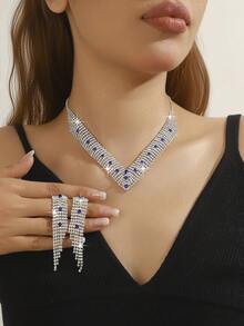 1 set de boucles d'oreilles en cuivre super brillantes avec strass et gland, collier en forme de V avec incrustation de pierres précieuses, convient pour les fêtes et événements, 5 options de couleurs