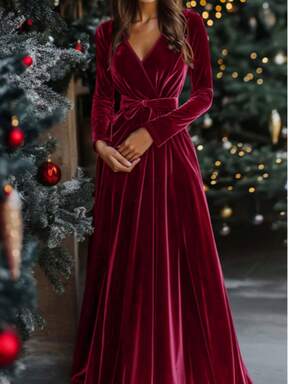 Elegante abito lungo da donna in stile vintage con scollo a V, cintura e fiocco - silhouette aderente, perfetto per feste ed eventi sociali - stile vintage minimalista - la scelta perfetta per il Natale
