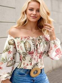 Women's Off-Shoulder Blouse, Casual Vacation Elegant Preppy Simple Floral Print Long Sleeve Shirred Top, Cinched Waist Slimming, Suitable For Daily Outings, Leisure, Commuting, Garden, Gatherings, Airport Outfit, Summer