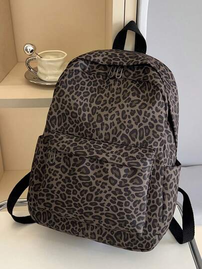 1pc Dark Leopard Print Backpack, Large Capacity, Lightweight, Suitable For Teenagers, High School & College Students, Commuting And Travel
