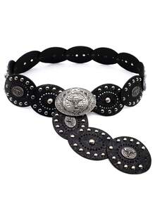 1pc Women's Bohemian Style Embossed PU Leather Belt, Hollow Out Decorative Millennium Embossed Waist Belt, Suitable For Jeans, Skirts - Multicolor - View 3