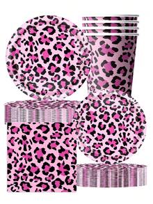 10pcs Pink Leopard Print Themed Party Tableware Set Paper Plates, Cups And Napkins. Ideal For Camping, Travel And All Manner Of Events. Birthday Party Supplies. - Multicolor - View 1