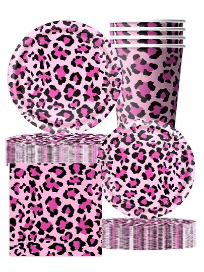10pcs Pink Leopard Print Themed Party Tableware Set Paper Plates, Cups And Napkins. Ideal For Camping, Travel And All Manner Of Events. Birthday Party Supplies.