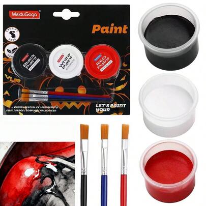 3er-Set große Farbgläser mit wasserlöslichen Malfarben und 3 Pinseln, leuchtende und gesättigte Farben geeignet für Halloween, Weihnachten, Geburtstagsfeiern, Performances, Cosplay-Events