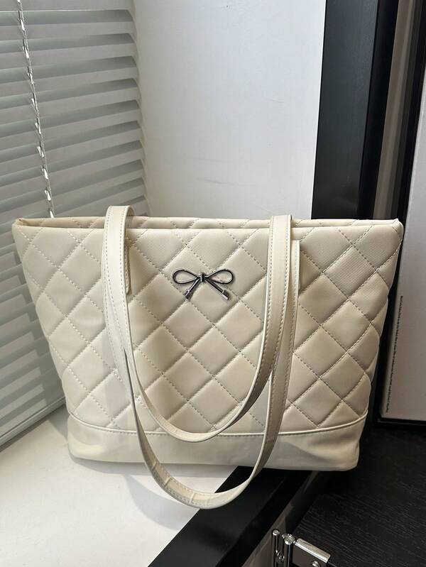 2025新款休闲大容量菱形图案纯色蝴蝶结手提包，简约时尚托特包