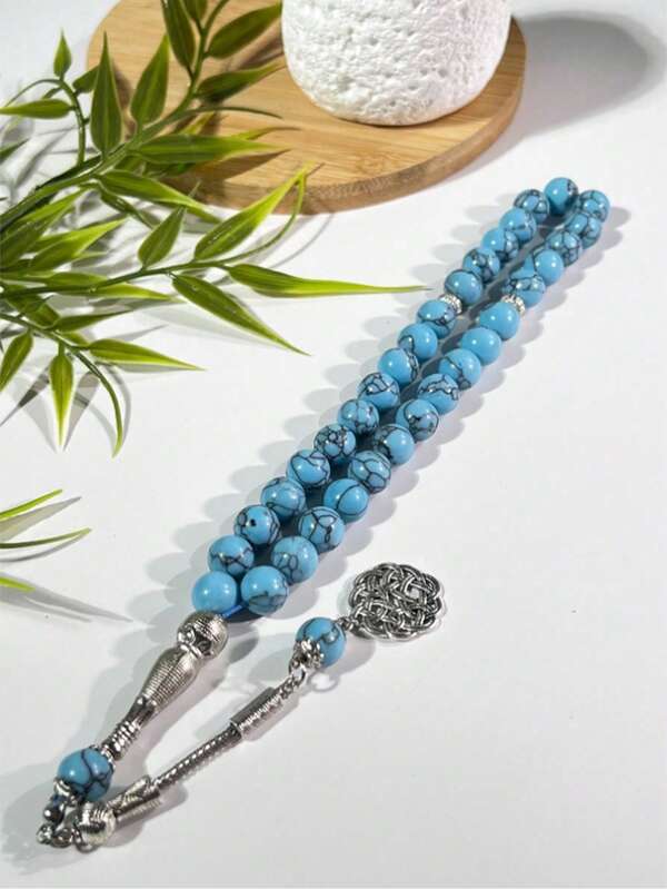 1pc Muslim Prayer Beads With Turquoise Texture, Islamic Silver Crafted Tasbih For Daily Prayers