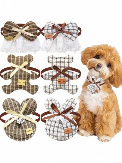 6pcs Autumn/Winter Melange Color Pattern Pet Tie, Lace Bear Bow, Perfect Companion For Dogs In Fall, Ideal For Daily Outings And Photography, Comfortable And Exquisitely Designed, Random Styles