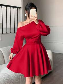 abyoxi Women's Red Elegant Sexy Asymmetric Neck Puff Long Sleeves Ruffle Hem Satin Mini Dress With Waist Ruched Design, Sexy Romantic, Party, Date, New Year, Valentine's Day, Spring Summer Fall Short Dresses - Red - View 7